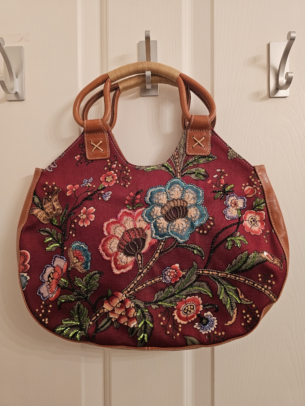 Isabella Fiore Red Floral Embroidered Shoulder Bag with Tan Trim